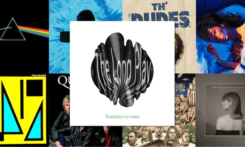 A collage of various iconic album covers with a black-and-white wavy-text graphic in the center that says “The Long Play.” The albums include colorful and classic artwork from different music genres.