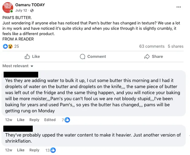 Facebook complaints about Pams butter