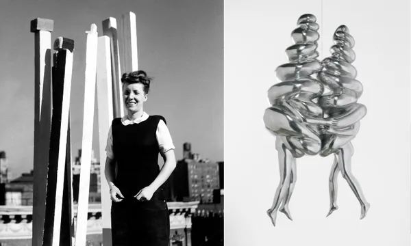 A black-and-white photo is split in two: on the left, a woman stands smiling outdoors beside tall, white sculptural columns; on the right, a shiny abstract metal sculpture shows two intertwined, legged forms suspended in air.