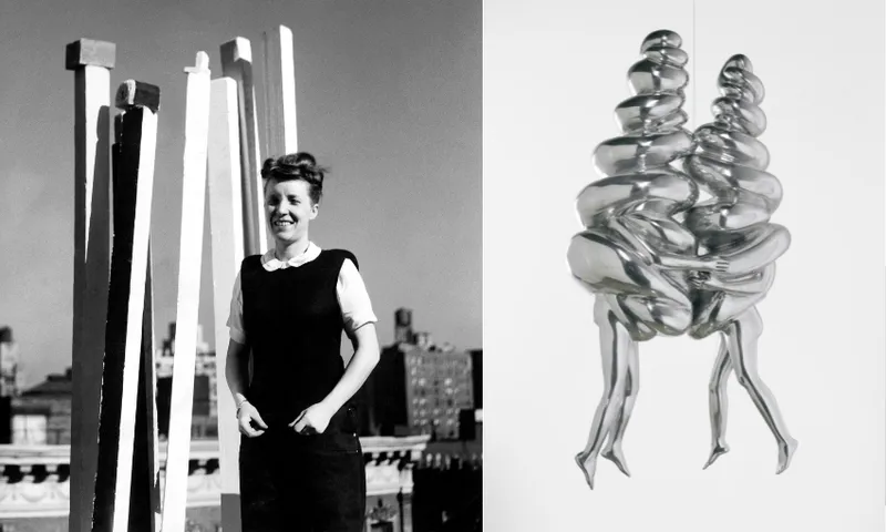 A black-and-white photo is split in two: on the left, a woman stands smiling outdoors beside tall, white sculptural columns; on the right, a shiny abstract metal sculpture shows two intertwined, legged forms suspended in air.