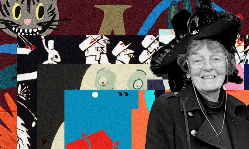 A black and white photo of Dinah Priestley who is an older woman. She is wearing a large black hat and is smiling. There is a collage of book covers behind her.