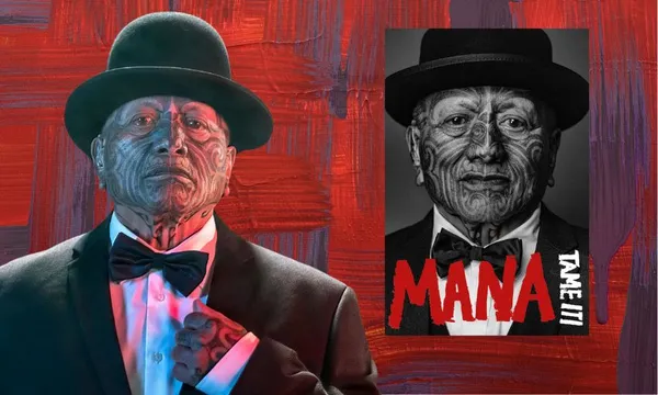 A man with facial tattoos wearing a bowler hat and tuxedo stands against a bold red and purple painted background. Next to him is a black-and-white poster of himself with the word "MANA" in bold red letters.