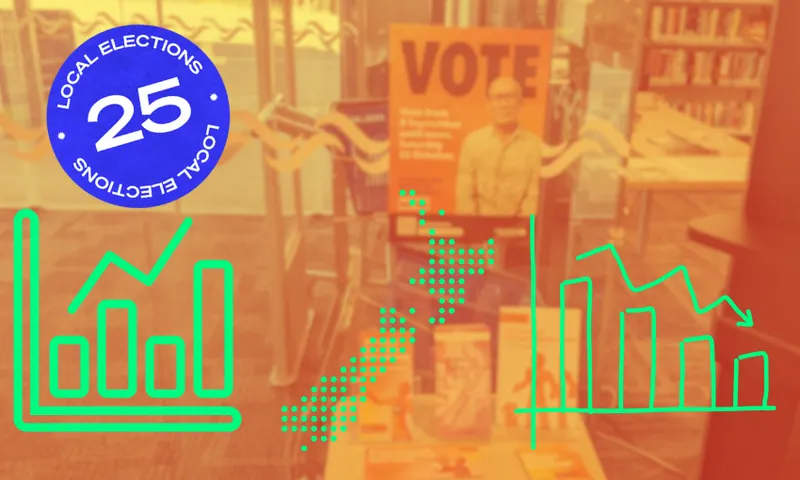 an orange photo of a table in a library saing 'vote' and three green maps/graphs on top with a local elections sticker