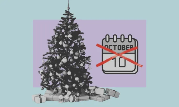 A decorated Christmas tree with presents beneath sits next to a calendar page marked “October” with a red X through it, against a blue and purple background.
