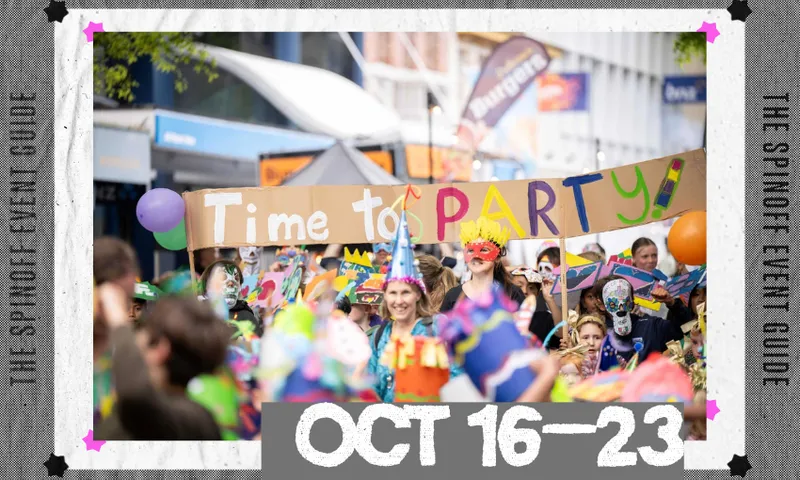 A photograph of Nelson Arts Festival's mask carnivale showing people partying in the streets, with a frame around it.