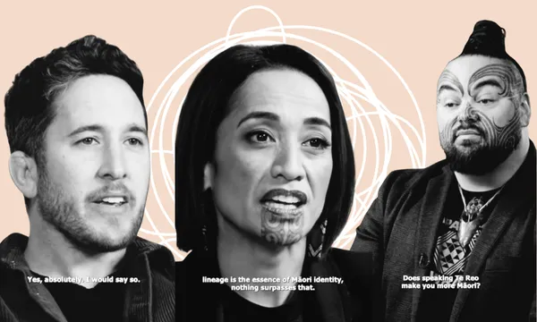 Three people against a peach background with white abstract lines. The man on the left and the woman in the center speak about Māori identity. The man on the right has a traditional Māori facial tattoo and asks, "Does speaking Te Reo make you more Māori?.