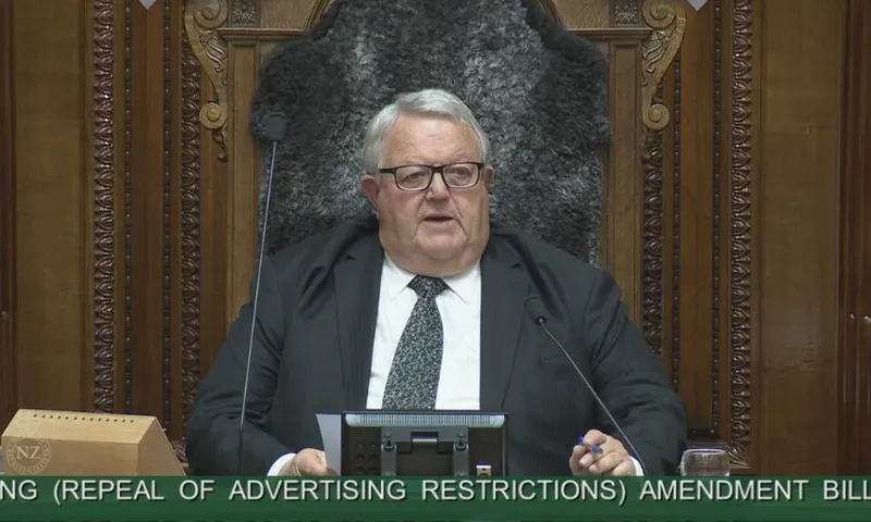Speaker Gerry Brownlee sits behind his bench on the speaker's chair in the debating chamber.