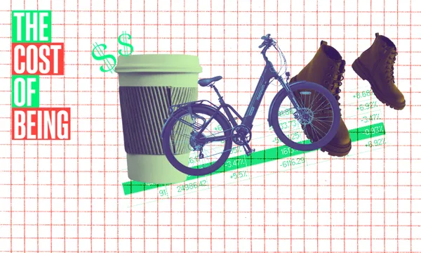 A collage featuring a coffee cup, bicycle, and boots over a green line graph with dollar signs. On the left, bold text reads "The Cost of Being" against a red and green grid background.