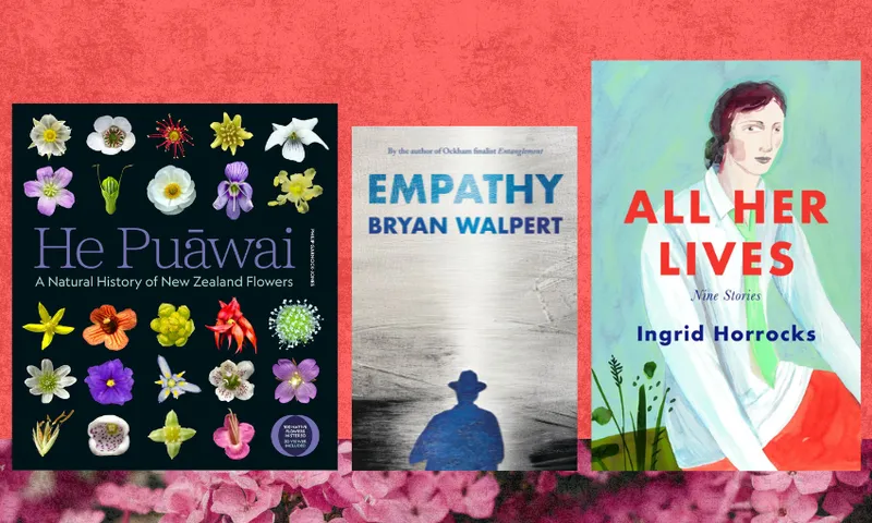 Three book covers side by side with flowers underneath them and a red, textured background.