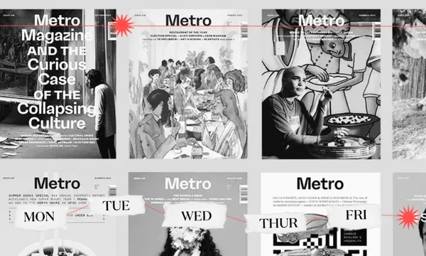 a collection of metro magazine covers in a line in black and white