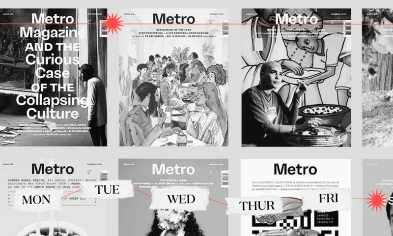 a collection of metro magazine covers in a line in black and white