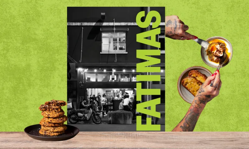 The cover of the Fatimas cookbook on a benchtop with a pile of biscuits beside it, and someone eating eggs. The background is acid green.