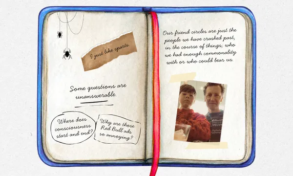 An open diary with fragments of writing in it, two little spiders, and a photograph showing a man and a boy looking into the camera lens.