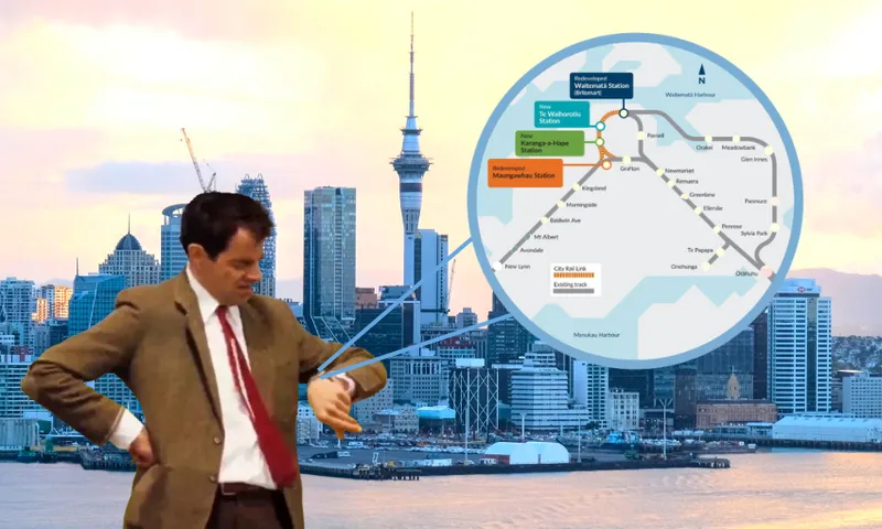 A man in a suit looks at his watch in front of Auckland’s skyline. Beside him, a circular map shows Auckland’s rail network with key stations highlighted, connected to the city background by blue lines.