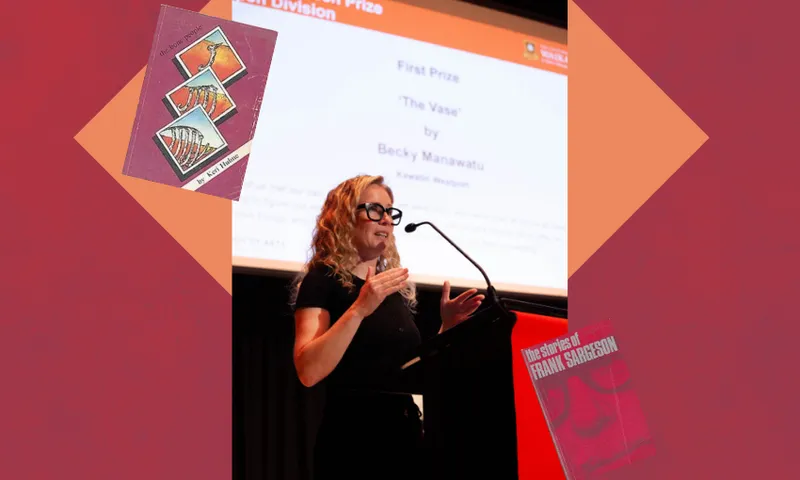 Becky Manawatu standing at a lectern accepting the 2025 Sargeson Prize.