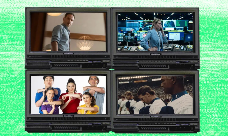 A lime green background with four television screens featuring the latest releases of the week