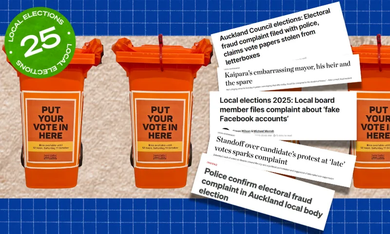Three orange ballot boxes labeled "Put your vote in here" stand against a blue patterned background. Surrounding them are newspaper headlines about electoral fraud and complaints in Auckland local elections. A green "Local Elections 25" badge is visible.