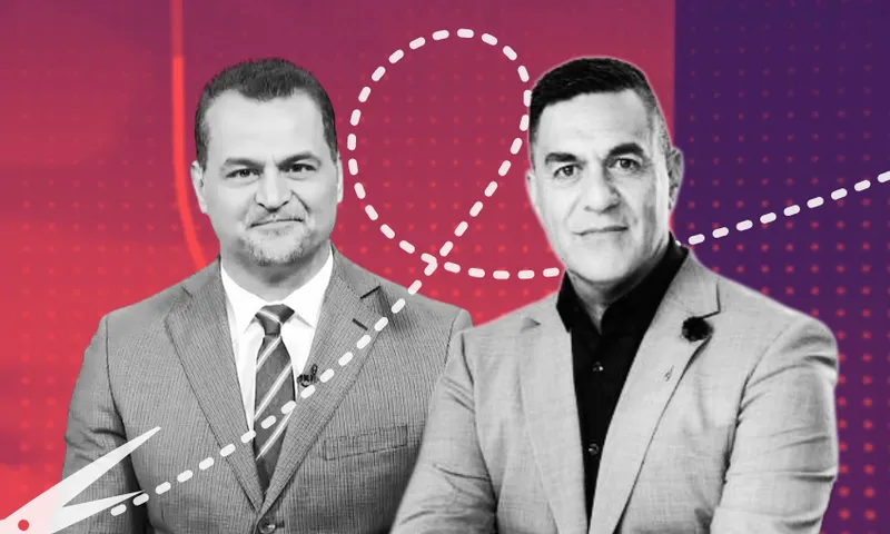 Two men in suits stand side by side against a red and purple background with dotted lines and a scissors graphic, suggesting a cut-out or editing theme.