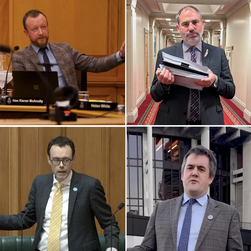 Showing competence within the suit-and-tie restrictions are Kieran McAnulty, Glen Bennett, Chris Bishop and Carl Bates. (Images: Instagram, Parliamentary TV)