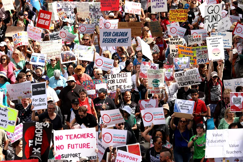 Teachers protesting in Auckland in 2023.