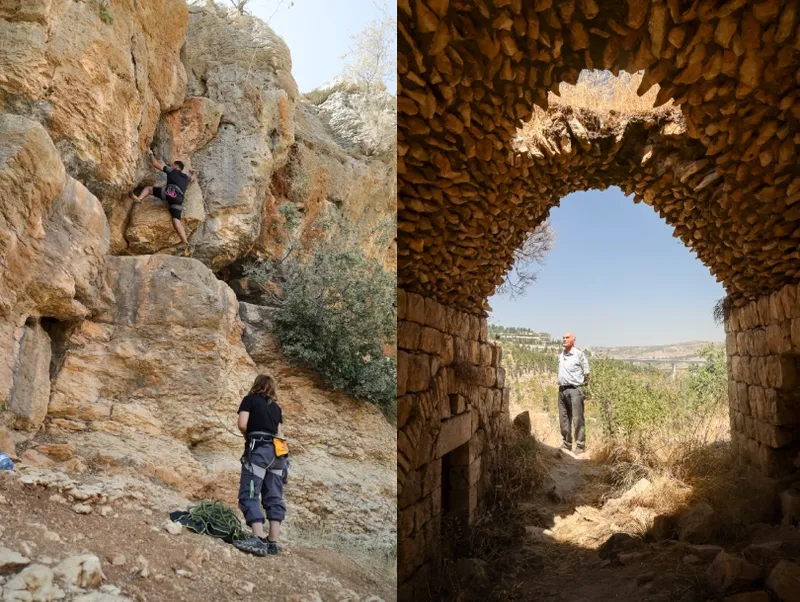 A split image: on the left, a rock climber ascends a rugged cliff while another person stands below; on the right, a man stands outside a stone archway, looking at a scenic, hilly landscape under a clear sky.