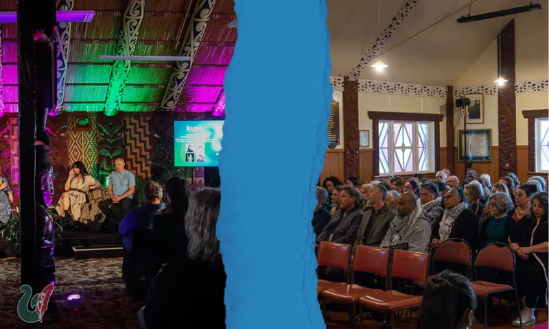 A photo of people talking on a marae on the left; and a photo of people seated on the marae on the right.