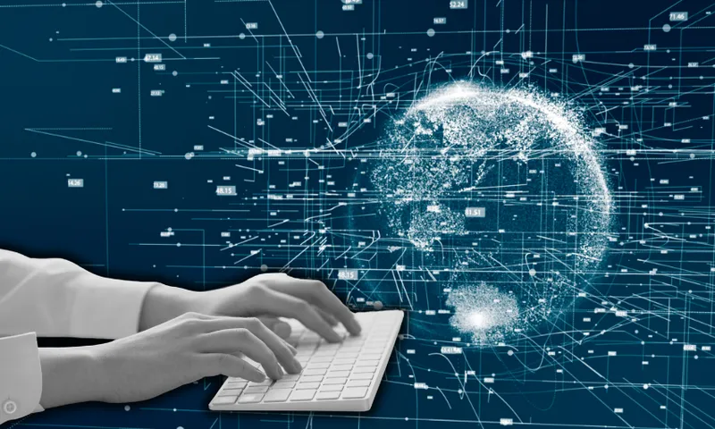 a composite image showing generic computer code and a pair of hands typing on a keyboard