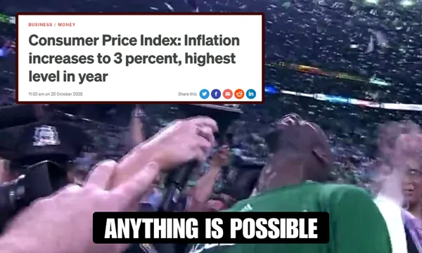 A news headline about inflation rising to 3 percent is shown above a jubilant basketball player celebrating, surrounded by confetti, with the caption "ANYTHING IS POSSIBLE" at the bottom.