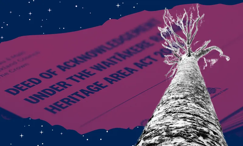 A tree with a purple paper with black text.