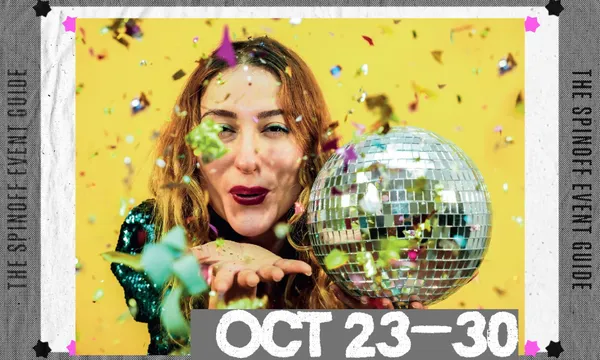 A woman blowing confetti and holding a disco ball. There is a yellow background. The frame around the photo says Oct 23–30.