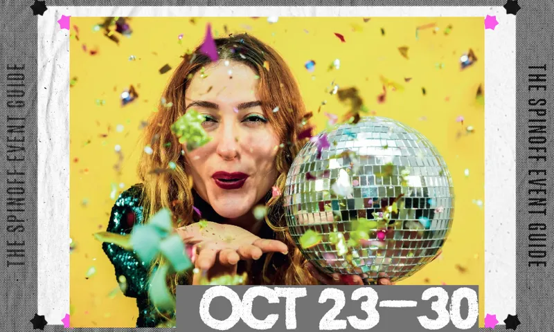 A woman blowing confetti and holding a disco ball. There is a yellow background. The frame around the photo says Oct 23–30.