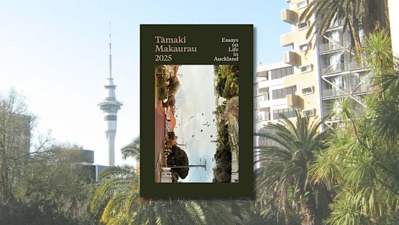 A photograph of the Auckland city skyline including the Sky Tower with the image of a book on top.