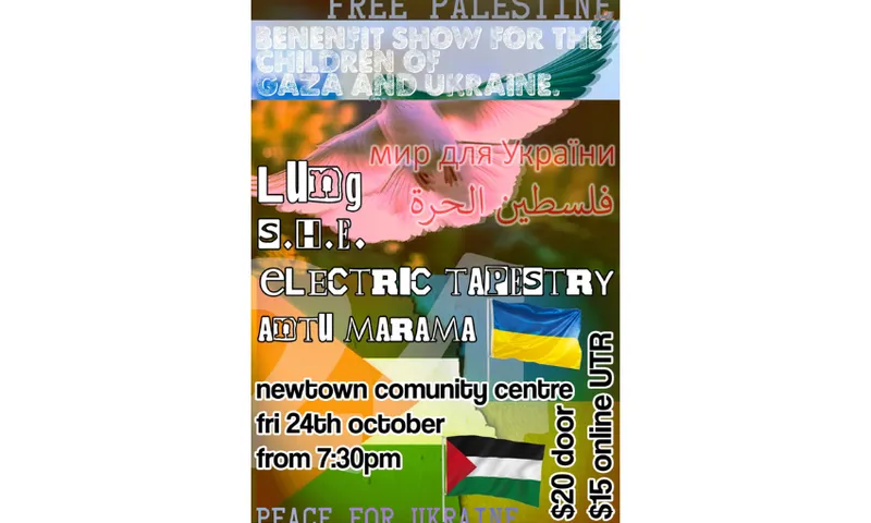 A poster image with a lot of different fonts and a Palestine flag.