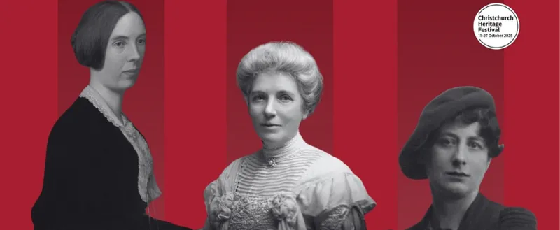 Three historic figures on a red background.