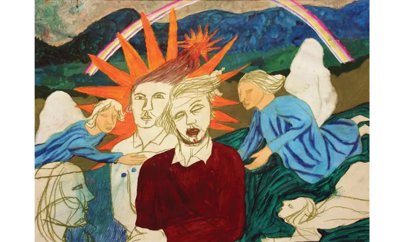 A painting with religious iconography including sun halos and an angel.
