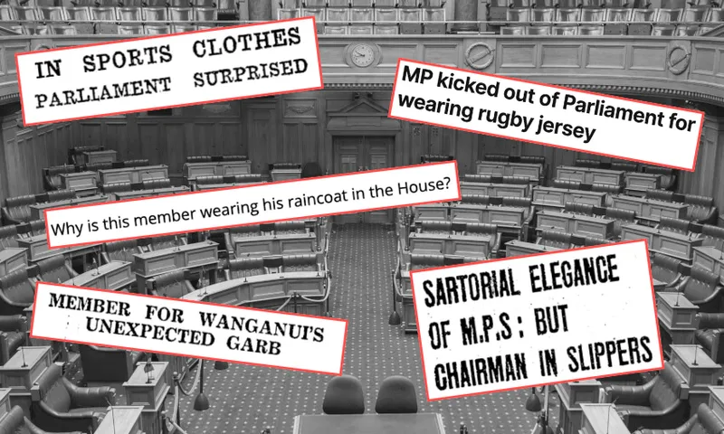 A black-and-white photo of an empty parliamentary chamber overlaid with newspaper-style headlines about MPs wearing unusual clothing, such as sports clothes, raincoats, a rugby jersey, unexpected garb, and slippers.