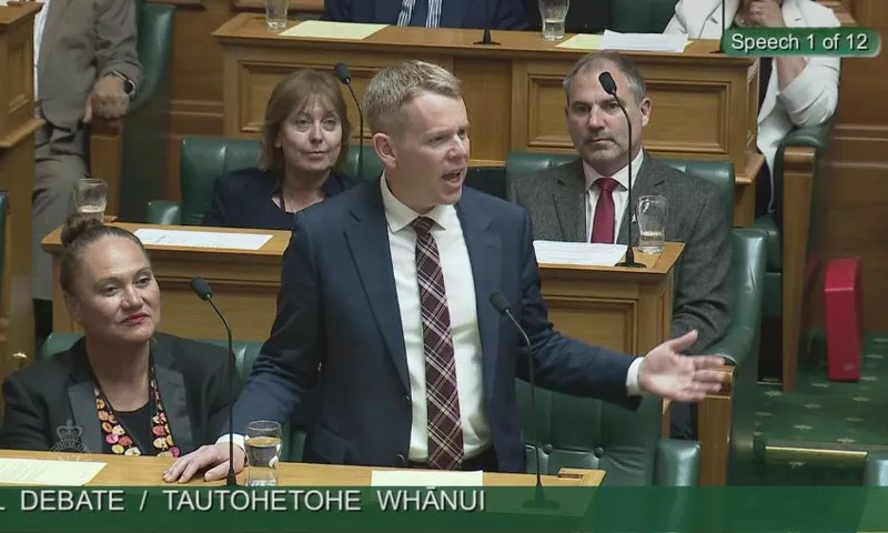 Chris Hipkins, wearing a suit and plaid tie, speaks in the House.