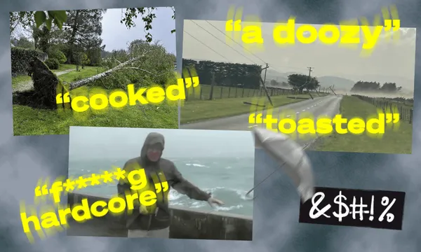 A collage of stormy scenes with yellow swear words
