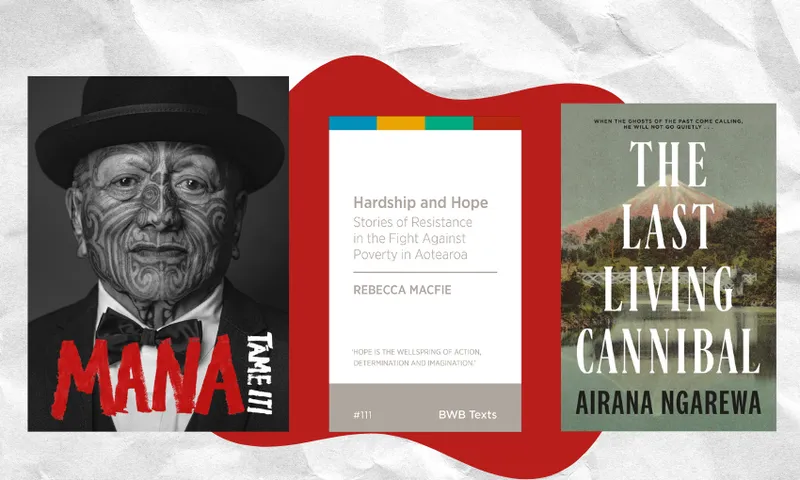 Three book covers in a row with a paper background and a red blob in the middle.