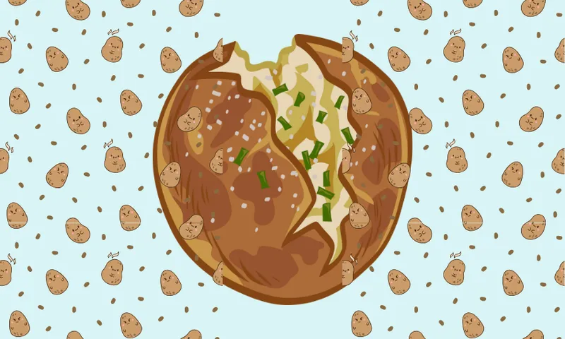 A graphic image of a stuffed potato with a shower of cartoon potatoes around it.