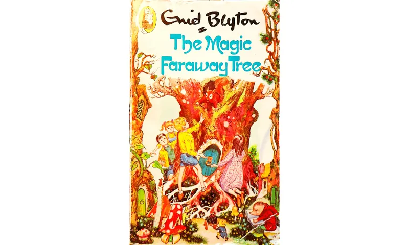 The original cover of The Magic Faraway Tree by Enid Blyton which shows four children approaching a tree with a door in it and large brambles and animals.