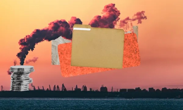 A photo of carbon emissions (smoke) in the air, layered underneath a file holder.