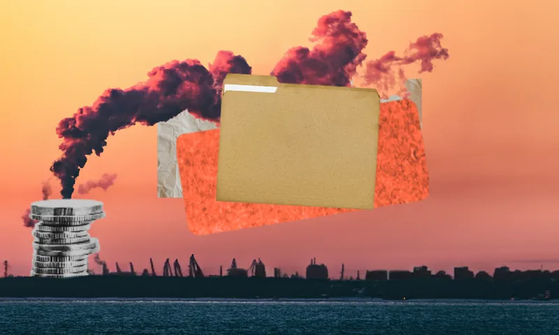 A photo of carbon emissions (smoke) in the air, layered underneath a file holder.