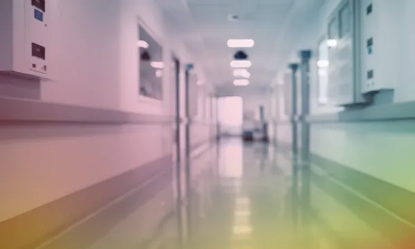 A hospital corridor with a rainbow tint overlay.