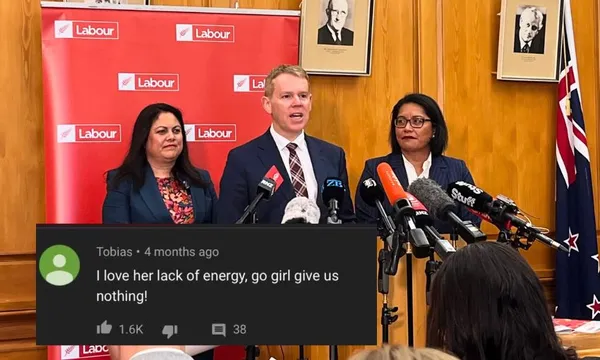 Ayesha Verrall, Chris Hipkins and Barbara Edmonds speak in front of a podium and microphones, with a Labour Party banner behind them, and a screenshot of a YouTube comment reading "go girl, give us nothing" overlaid.