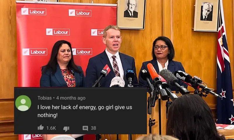 Ayesha Verrall, Chris Hipkins and Barbara Edmonds speak in front of a podium and microphones, with a Labour Party banner behind them, and a screenshot of a YouTube comment reading "go girl, give us nothing" overlaid.