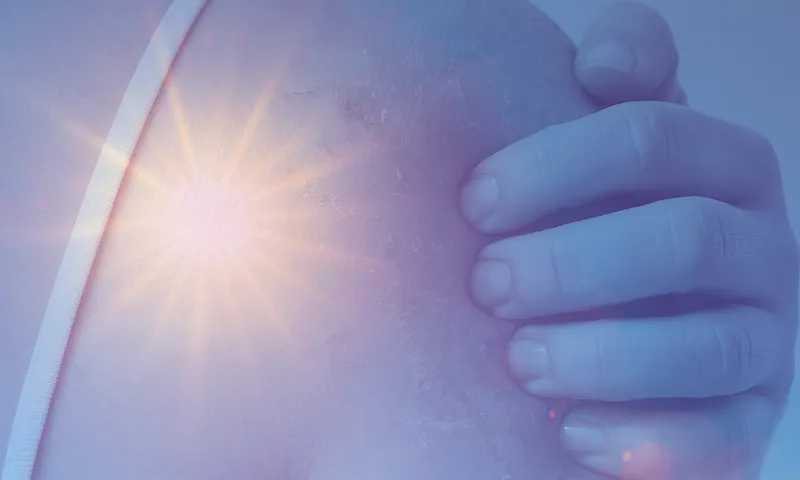 A hand rests on a person's dry, peeling shoulder, highlighted by a bright sunburst effect, suggesting sunburn or skin irritation.