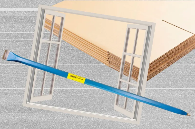 A crowbar, window and cardboard