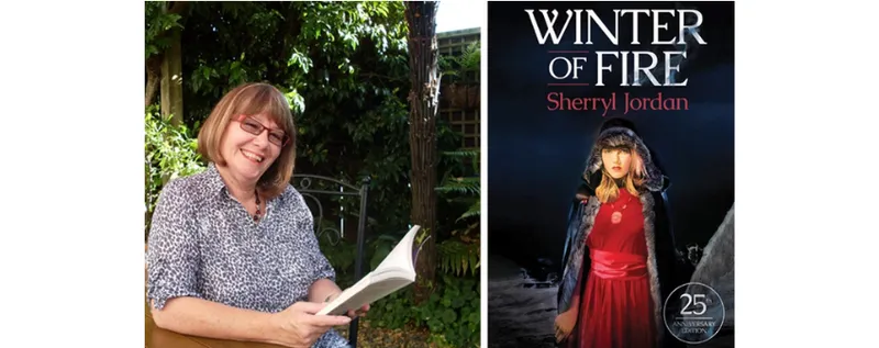 A photo of the author Sherryl Jordan who is sitting outside in a garden and holding a book. She is smiling. She has cropped brown hair with a fringe. Next to her is the cover of her book, Winter of Fire.