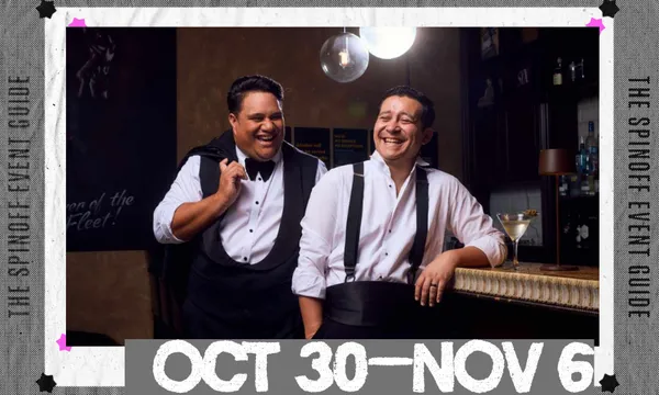A photo of two men in suits with no jackets, laughing. There is a frame around them with a date range.